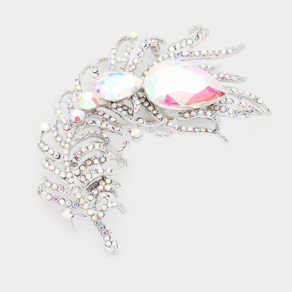 Curved Feather Abalone Crystal Teardrop Brooch